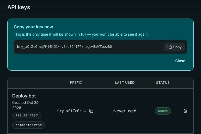The new key is shown once