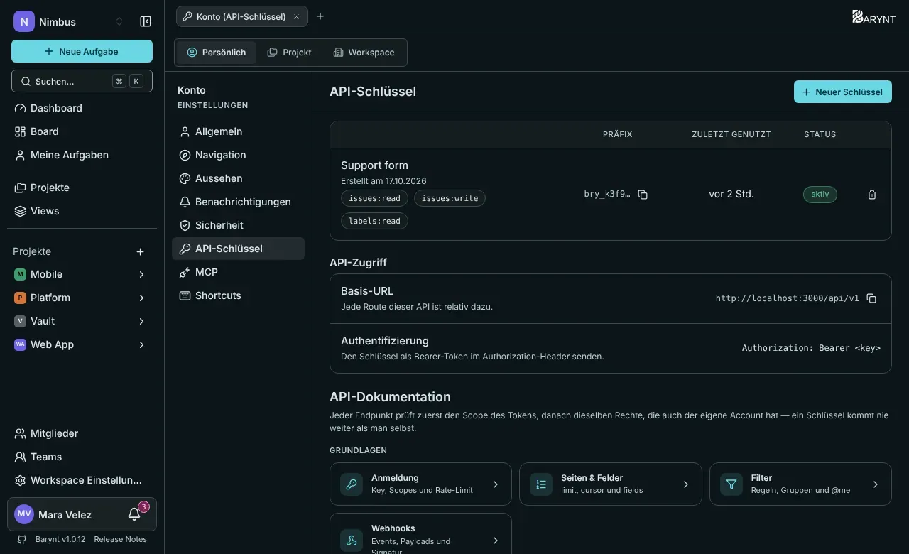 API-Schlüssel in deinen persönlichen Einstellungen