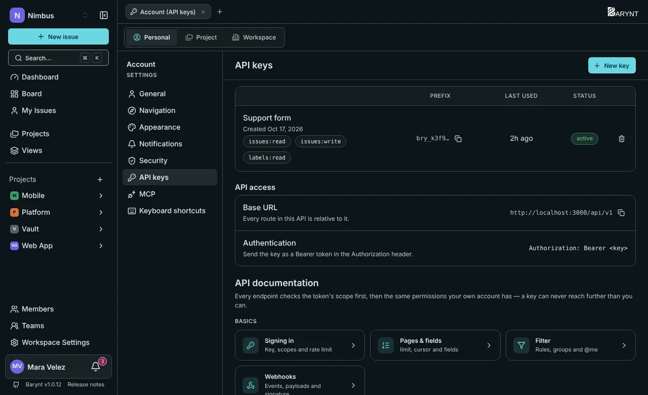 API keys in your personal settings