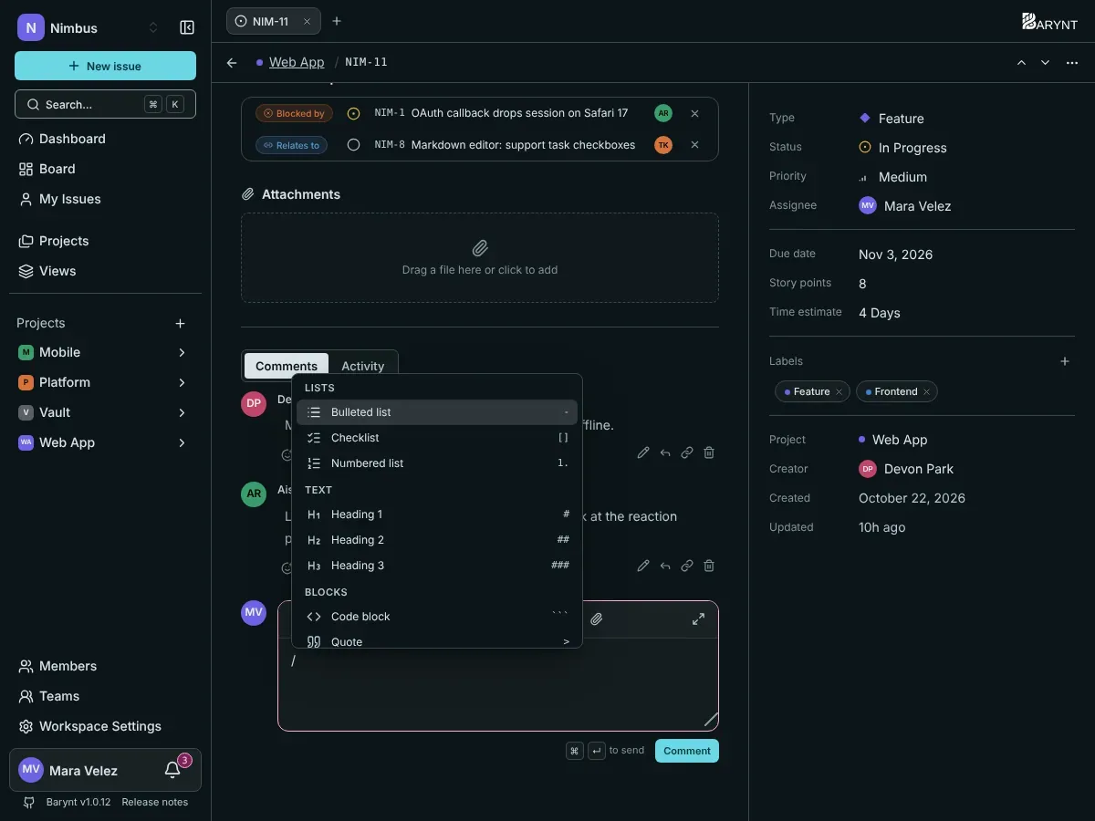The editor with its / menu open