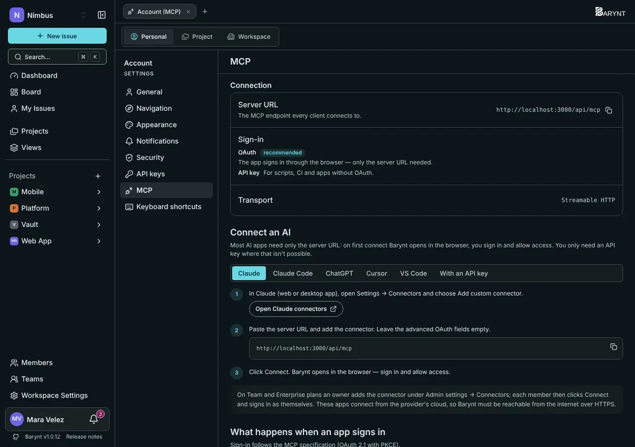 The MCP page in your personal settings
