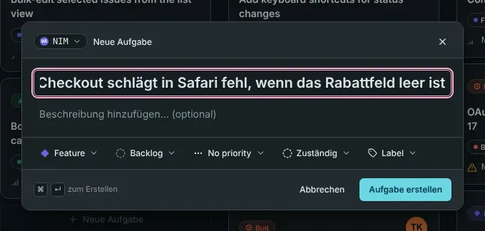 Der Dialog für eine neue Aufgabe