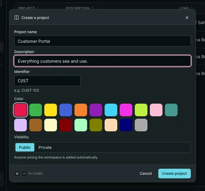 The project dialog