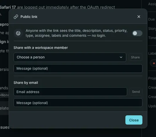 The share dialog of an issue