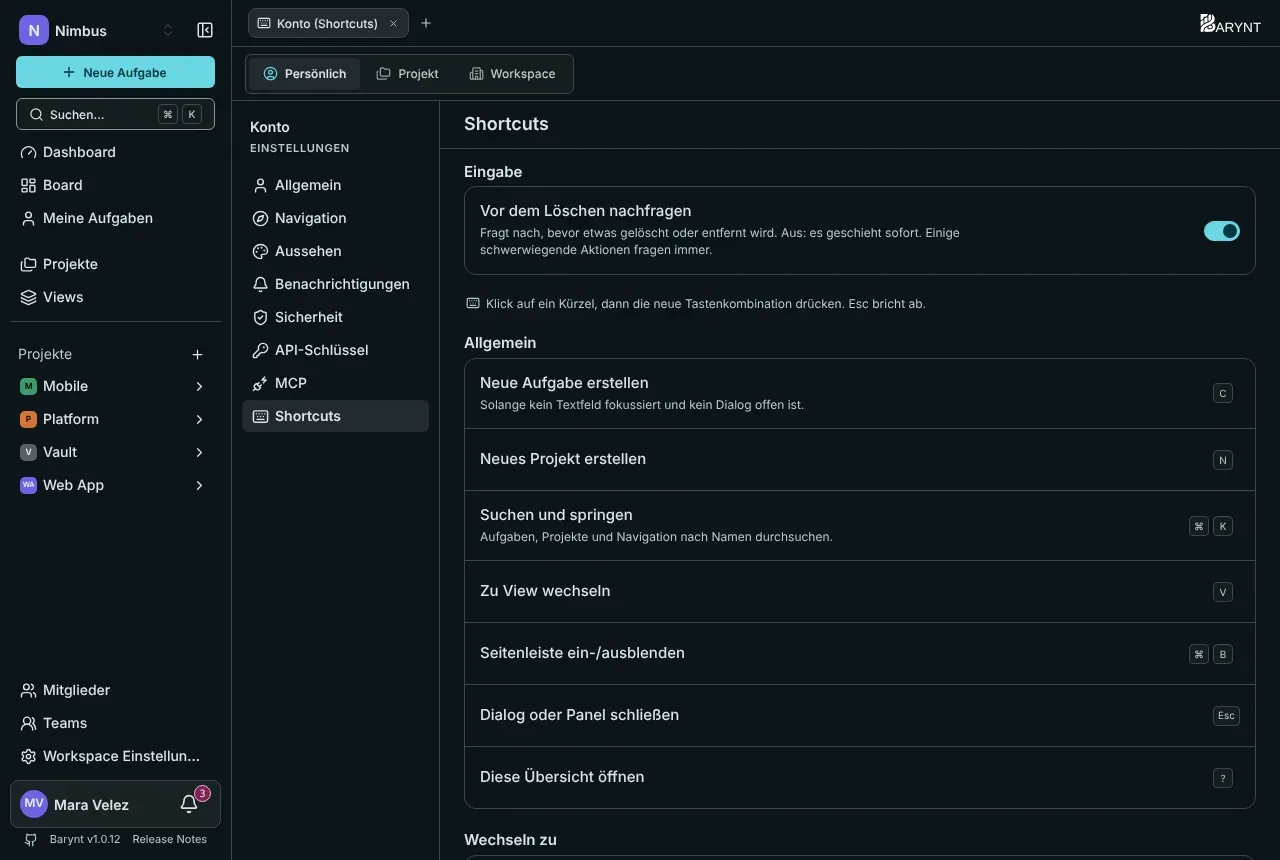 Tastenkombinationen in den Einstellungen