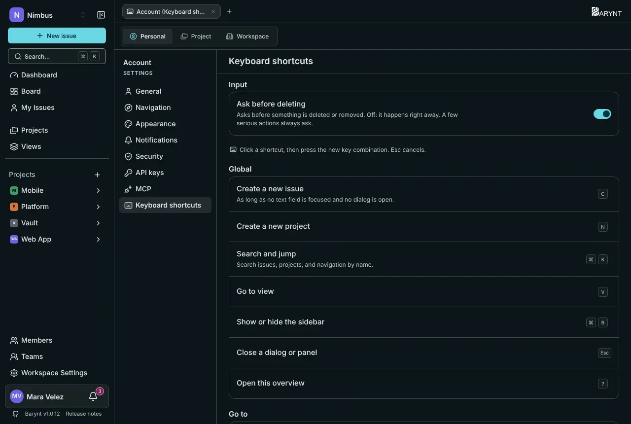 Keyboard shortcuts in the settings