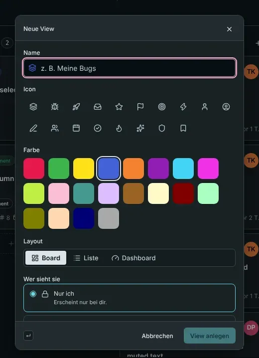 Der Dialog für eine neue View