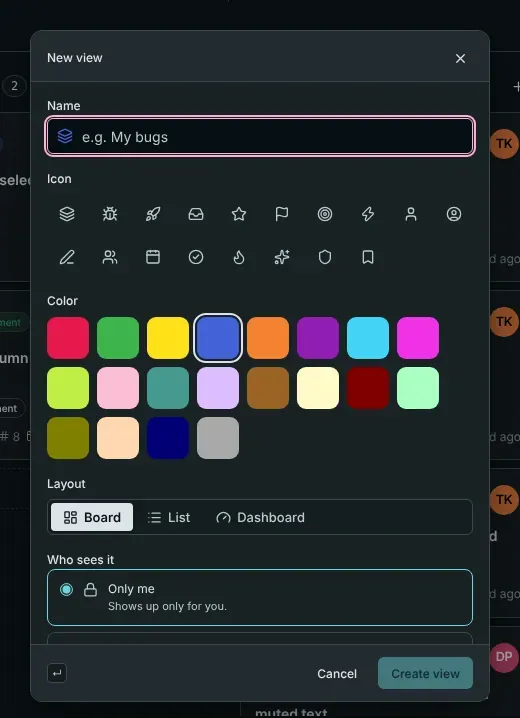 The new-view dialog